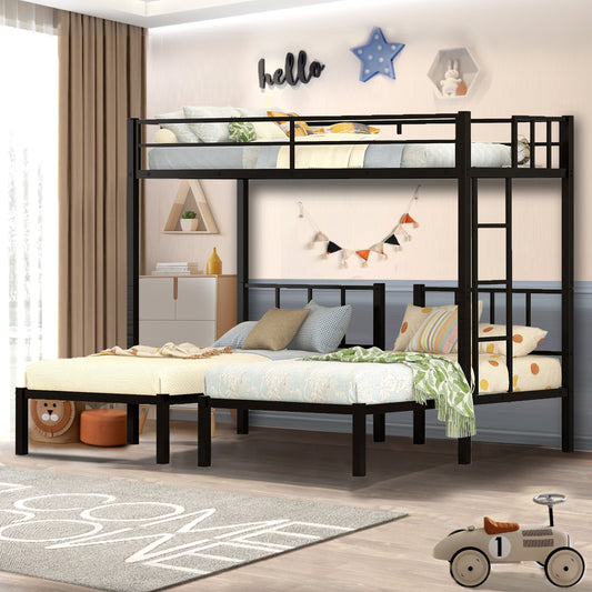Twin Over Twin Over Twin Bunk Bed, BTMWAY Modern Metal Triple Bunk Beds, Black Kids Triple Bunk Beds with Guardrails, Ladders, Convert into 3 Twin Beds Bedroom Furniture, No Box Spring Needed, R1210