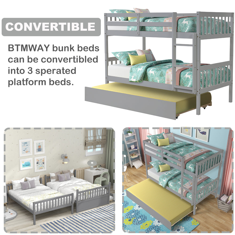 BTMWAY Full Over Full Bunk Bed, Full Size Bunk Bed Frame with Trundle, Pine Wood Full-over-Full Trundle Bed Frame, for Kids Room/Dorm Room/Bedroom, No Box Spring Needed, Gray, A2991