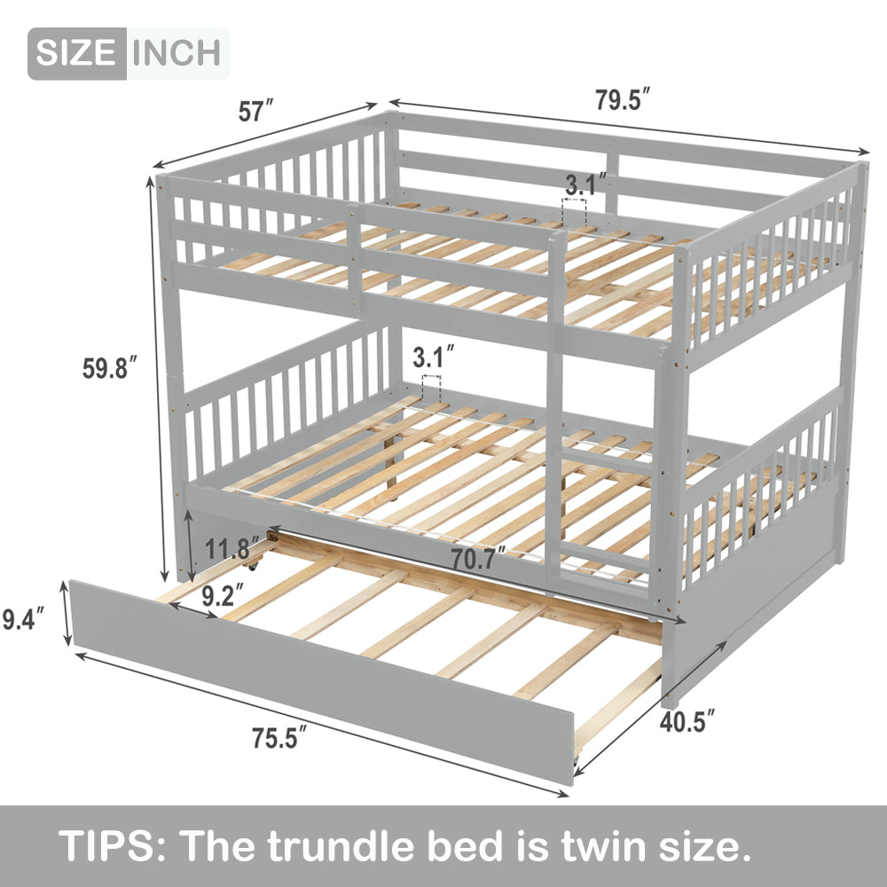 BTMWAY Full Over Full Bunk Bed, Full Size Bunk Bed Frame with Trundle, Pine Wood Full-over-Full Trundle Bed Frame, for Kids Room/Dorm Room/Bedroom, No Box Spring Needed, Gray, A2991