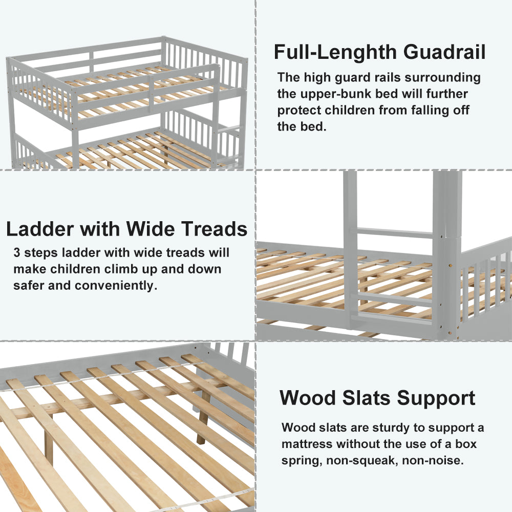 BTMWAY Full Over Full Bunk Bed, Full Size Bunk Bed Frame with Trundle, Pine Wood Full-over-Full Trundle Bed Frame, for Kids Room/Dorm Room/Bedroom, No Box Spring Needed, Gray, A2991