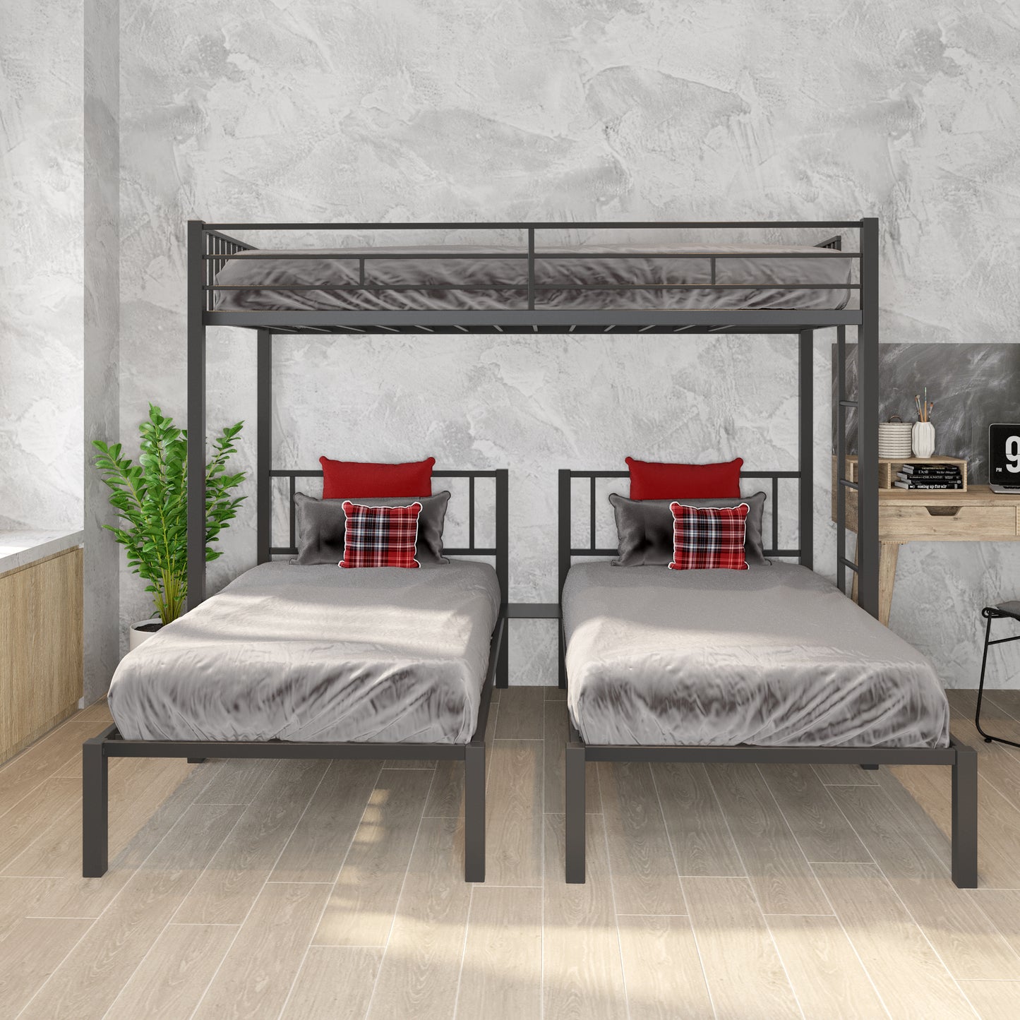 Twin Over Twin Over Twin Bunk Bed, BTMWAY Modern Metal Triple Bunk Beds, Convert into 3 Twin Beds, No Box Spring Needed, Black, R1213