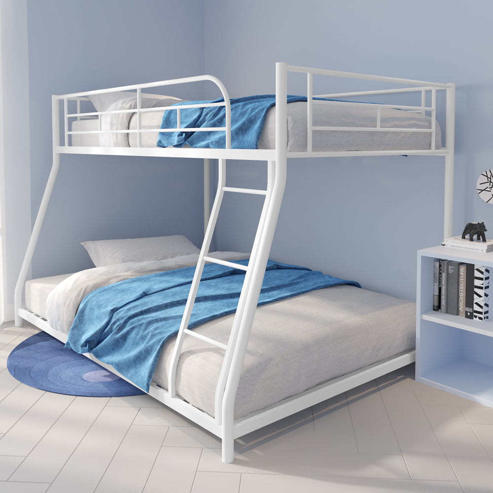 Twin over Full Bunk Bed, BTMWAY Metal Bunk Beds for Kids Adults, Heavy Duty Bunk Beds Twin over Full, Twin over Full Low Bunk Bed with Ladder, Kids Floor Bunk Bed for Bedroom, Dormitory, White, R2181