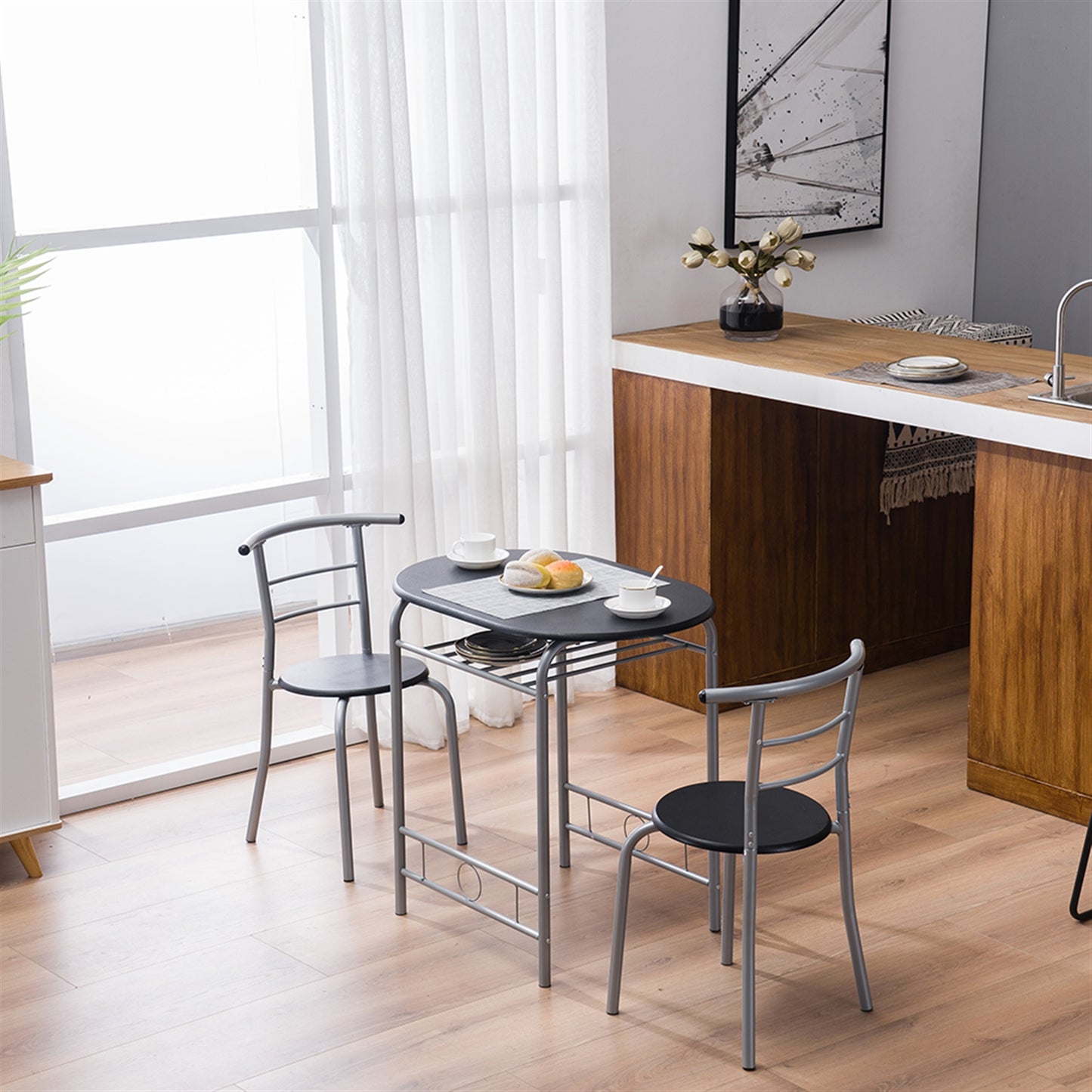 BTMWAY Counter Height Dining Set for 2, 3 Pieces High Top Breakfast Nook Table Set, Bistro Bar Table Set, Kitchen Oval Table Dining Set for Small Space, Kitchen Metal Dining Table and 2 Chairs Set, A4258