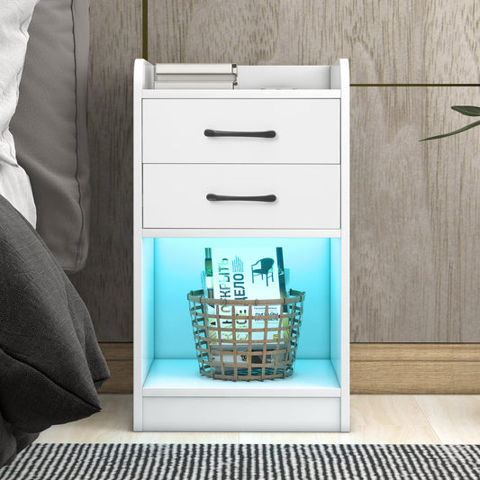2 Drawers Nightstand with Charging Station, BTMWAY Modern White Nightstand LED Light Bedside Table, Wood Bedroom Nightstand for Bedroom, Living Room, Remote Control 16 Multi-color LED Lights