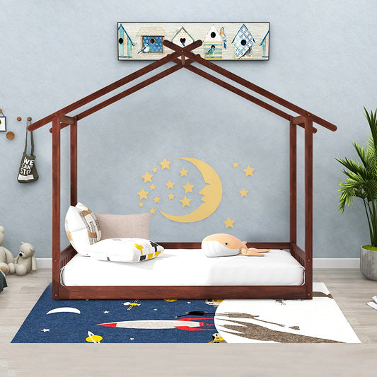 Twin House Bed for Kids, BTMWAY Extendable House Canopy Bed Floor Toddler Bed with Roof, Twin Size Nursery Furniture, Extend to King Bed, No Box Spring Needed, 275lbs Capacity, White, N3046