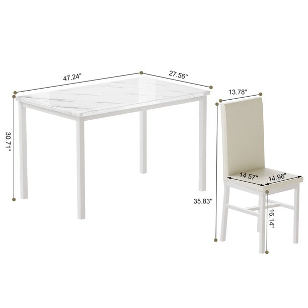 BTMWAY Rectangular Dining Table with Chairs Set for 4, 5 Piece White Faux Marble Dining Table Set with High Back Chairs, Modern Kitchen Dinette Table and Chairs Set for Home, Dining Room, N3286