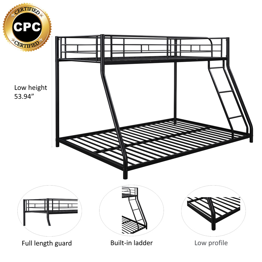 Bunk Beds for Kids Adults, BTMWAY Heavy Duty Bunk Bed Twin over Full, Black Metal Twin over Full Bunk Beds with Ladder, Guardrails, Twin over Full Low Bunk Bed for Dorms, No Box Spring Needed, R2178