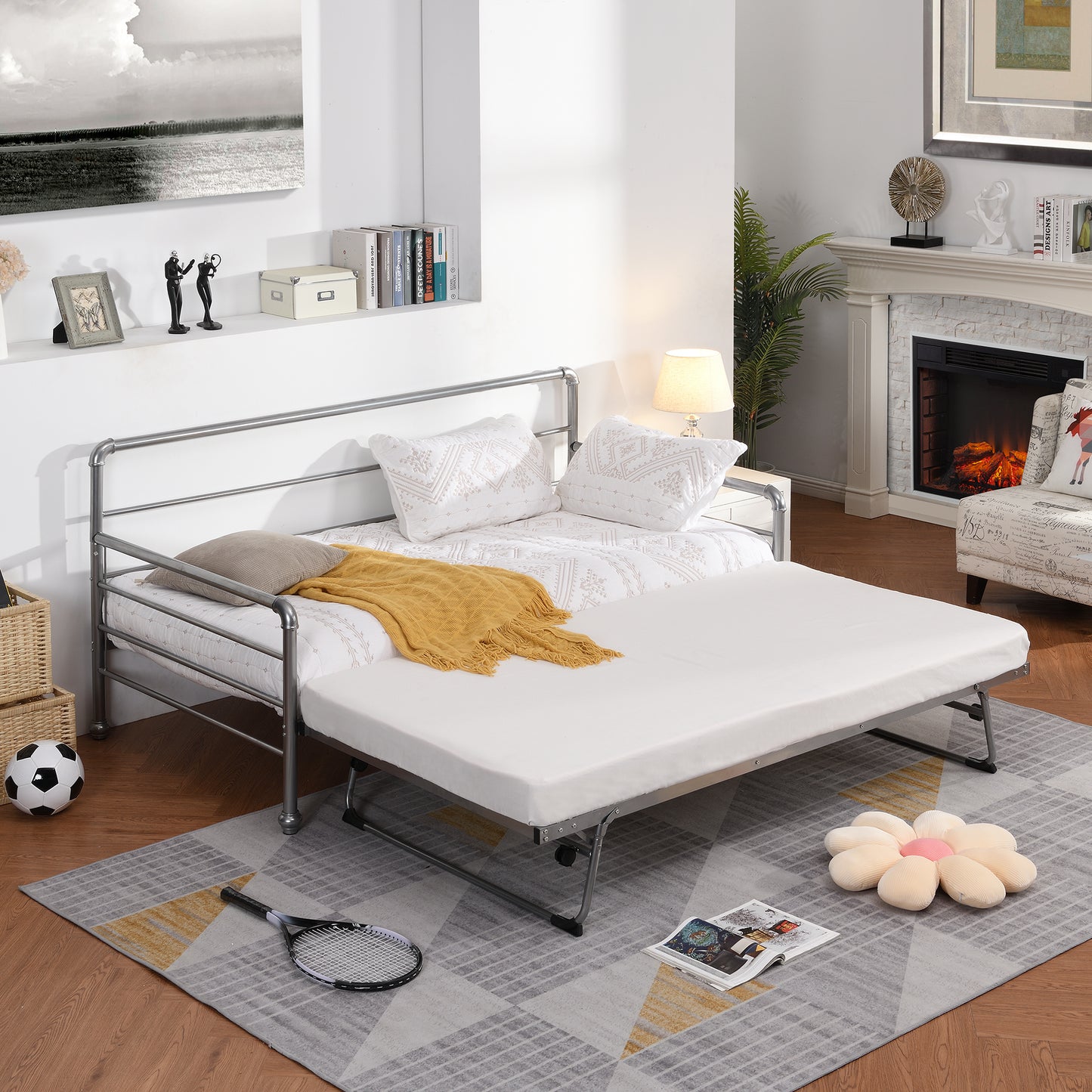 BTMWAY Daybed with Trundle Included, Twin Size Metal Daybed Frame with Adjustable Trundle, Heavy Duty Extendable Daybed with Pop Up Trundle Bed