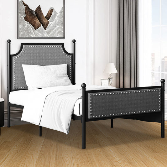 Metal Twin Platform Bed Frame, BTMWAY Upholstered Twin Size Bed Frame with Fabric Headboard, No Box Spring Needed, Black, R343