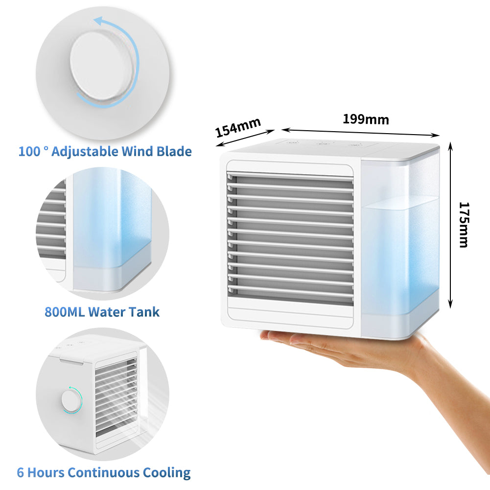 BTMWAY Portable Air Conditioner Fan, Small Personal Air Conditioner Desk Fan, USB Mini Air Cooler Fan with Icebox, 2 Speed, LED Light, 800ml Water Tank, Water Air Cooler Fan for Office, Outdoor, White