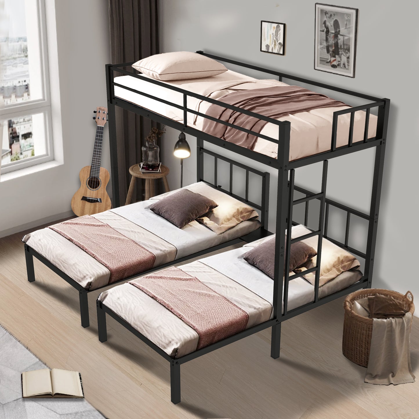 Metal Triple Bunk Beds, Twin Over Twin Over  Bunk Bed for Kids Teens Adults, Can be Separated into 3 Twin Beds with Headboard, Black, R1211