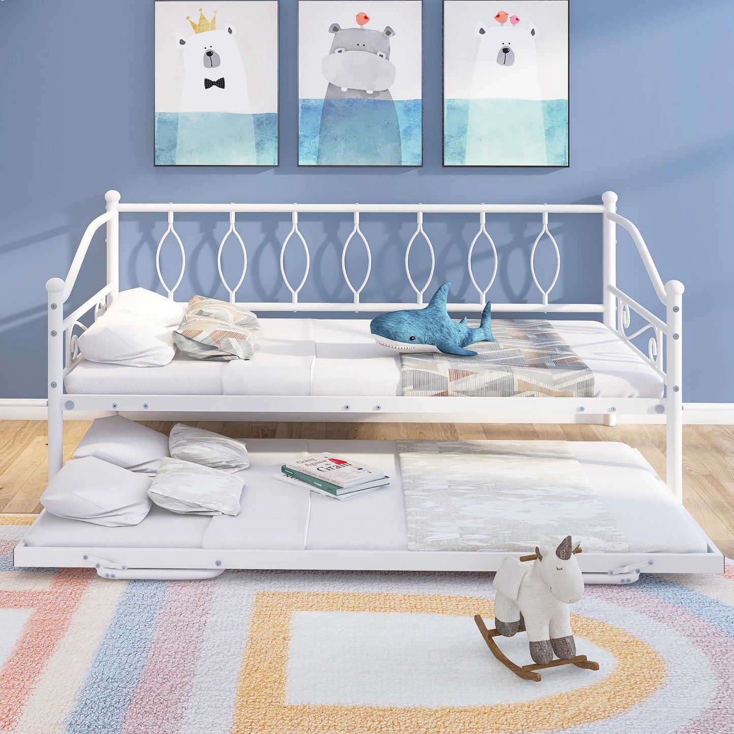 BTMWAY Daybed with Trundle Included, Twin Size Metal Daybed Frame with Adjustable Trundle, Heavy Duty Extendable Daybed with Pop Up Trundle Bed