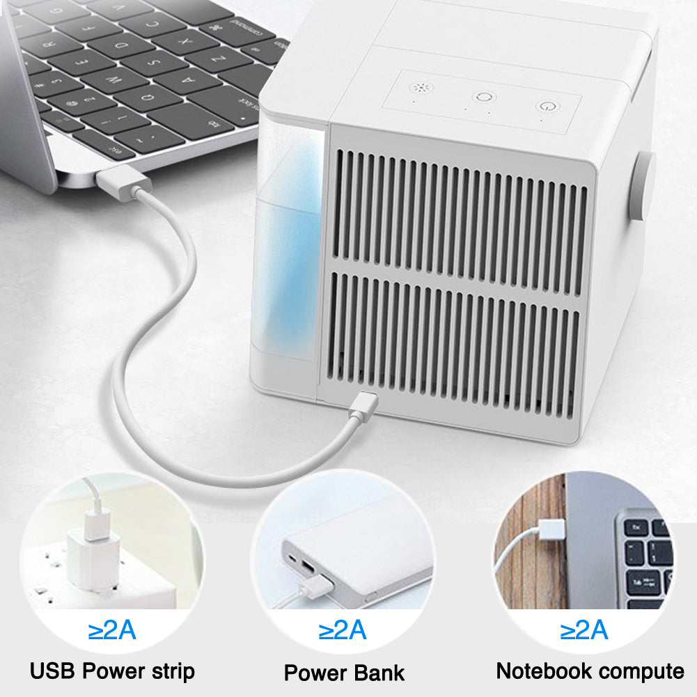 BTMWAY Portable Air Conditioner Fan, Small Personal Air Conditioner Desk Fan, USB Mini Air Cooler Fan with Icebox, 2 Speed, LED Light, 800ml Water Tank, Water Air Cooler Fan for Office, Outdoor, White