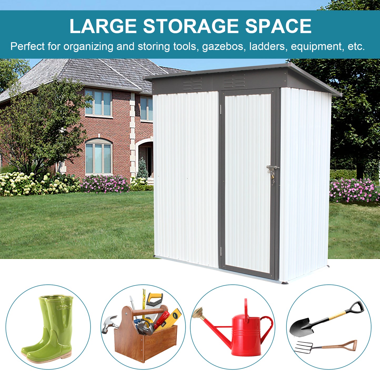 Backyard Storage Shed, BTMWAY 5' x 3' Metal Outdoor Vertical Storage Shed, Waterproof Outdoor Storage Cabinet with Hinged Door, Padlock, Tool Shed Storage House for Backyard, Patio, Lawn