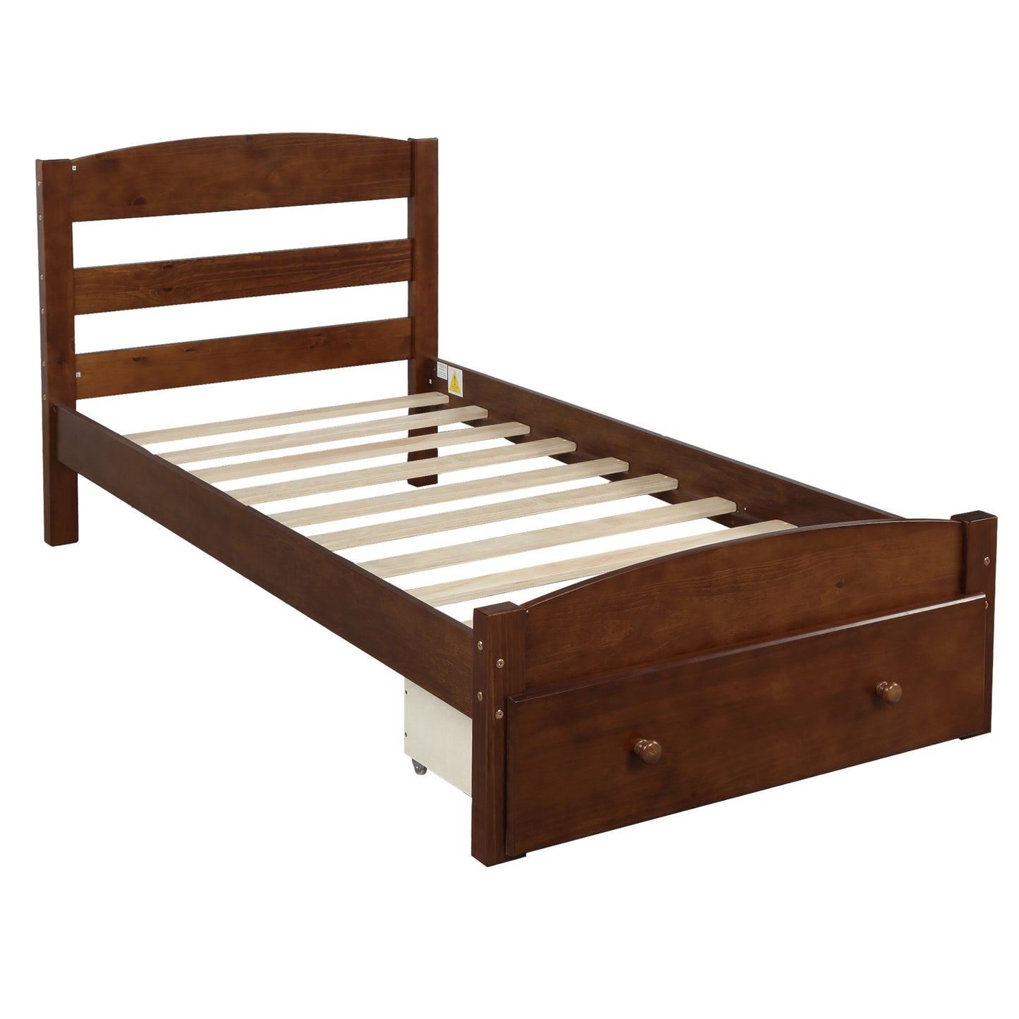 BTMWAY Twin Size Bed Frame, Single Platform Bed Frame for Kids Teens Adults, Wood Twin Bed Frame with Headboard and Storage Drawer, Modern Twin Platform Bed Frame No Box Spring Needed, Walnut, R5871