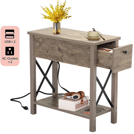 BTMWAY Side Table with Charging Station, Farmhouse Flip Top Side End Tables, Wood Bedside Table with Storage, X-Shaped, Narrow End Table for Small Spaces, Bedroom, Living Room, Office, Gray