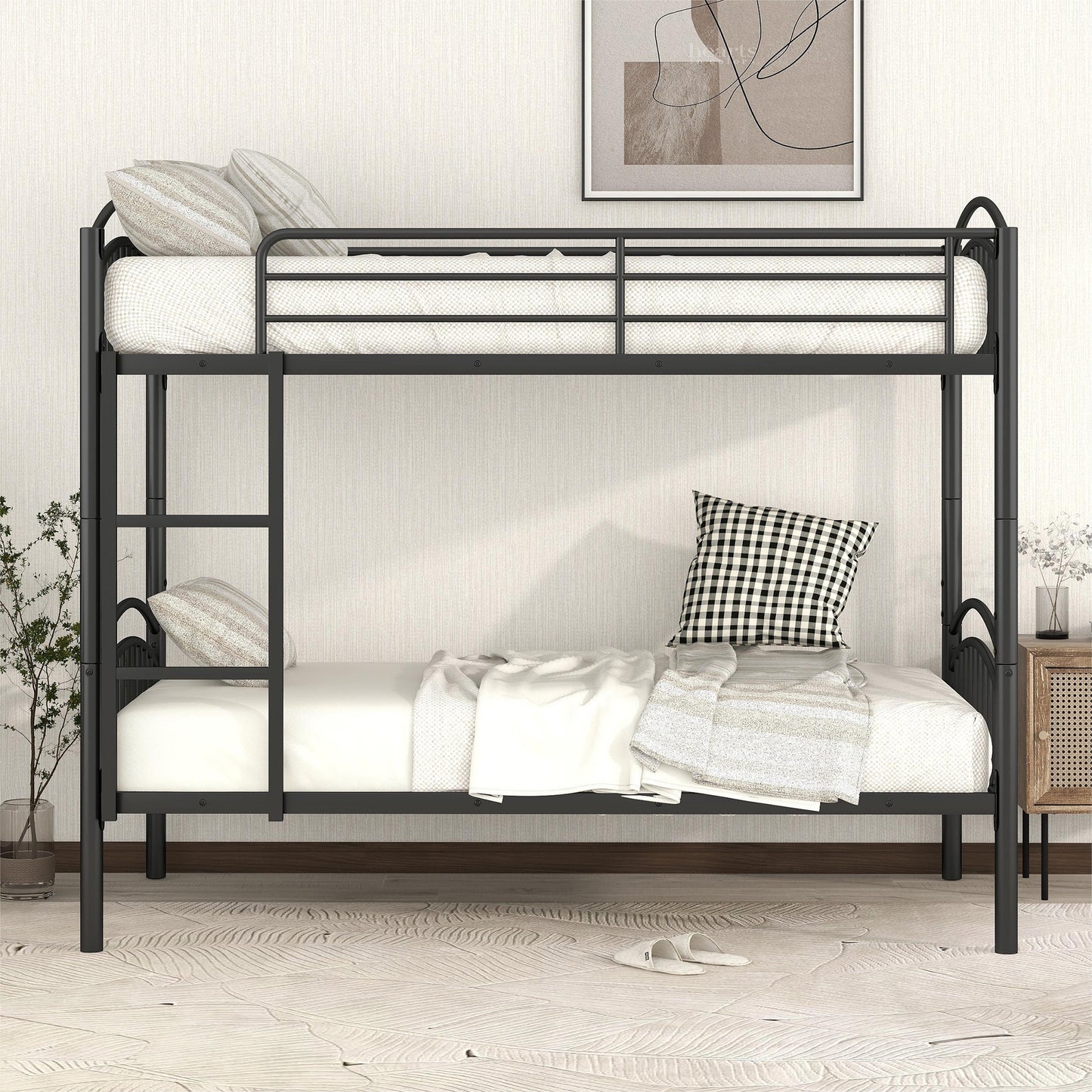 BTMWAY Twin Over Twin Metal Bunk Bed, Heavy Duty Twin Bunk Beds for Kids Teens Adults, Divided into Two Beds No Box Spring Needed, Bunk Bed Twin Over Twin with Guardrails, Ladder, Black