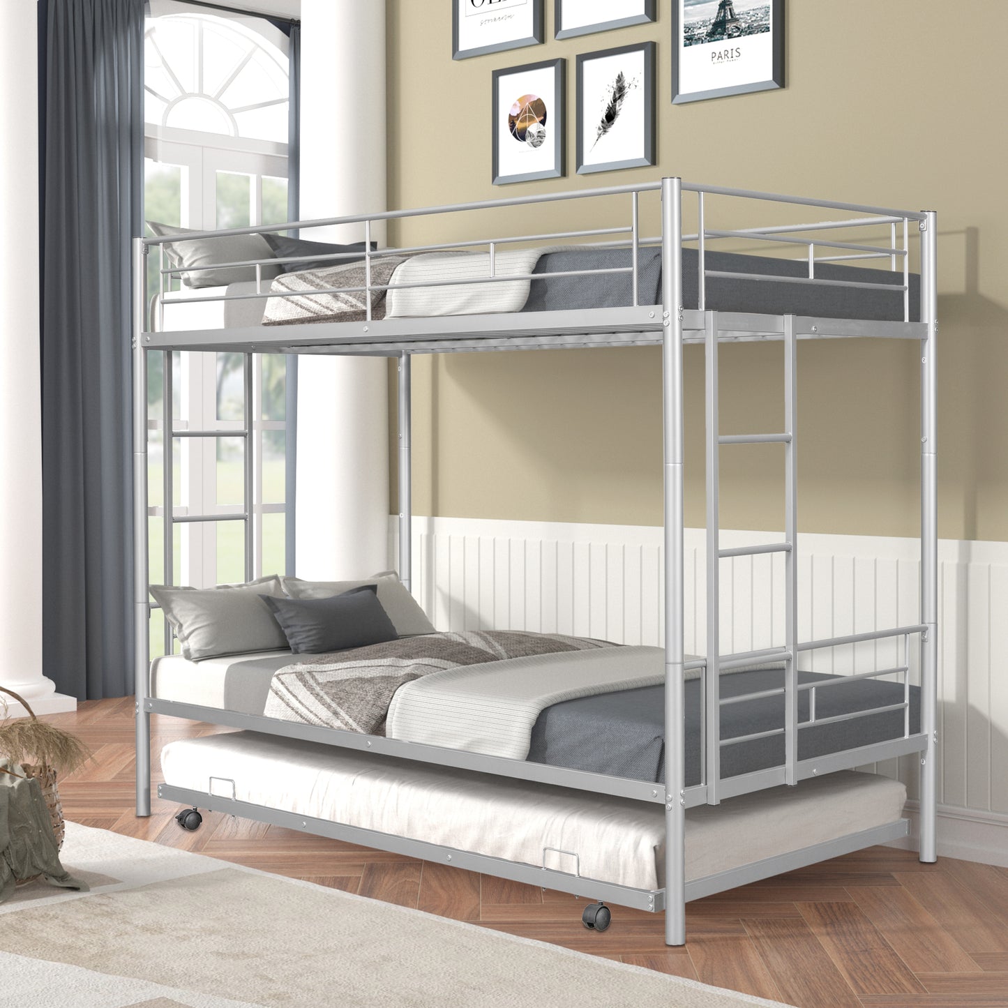 BTMWAY Twin Over Twin Bunk Bed with Trundle, Metal Bunk Beds Frame with 2 Side Ladders, Convertible Bunk Bed with Safety Guard Rails, No Box Spring Needed, Silver