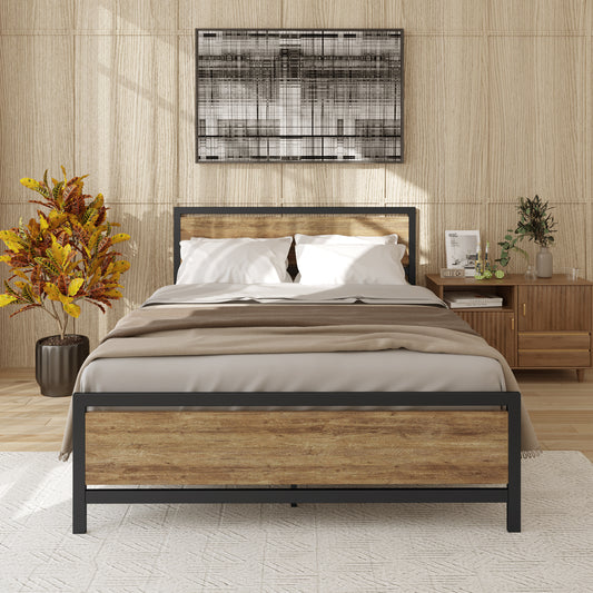 Full Size Metal Platform Bed Frame with Wooden Headboard and Footboard, No Box Spring Needed, 400lbs Capacity, Black