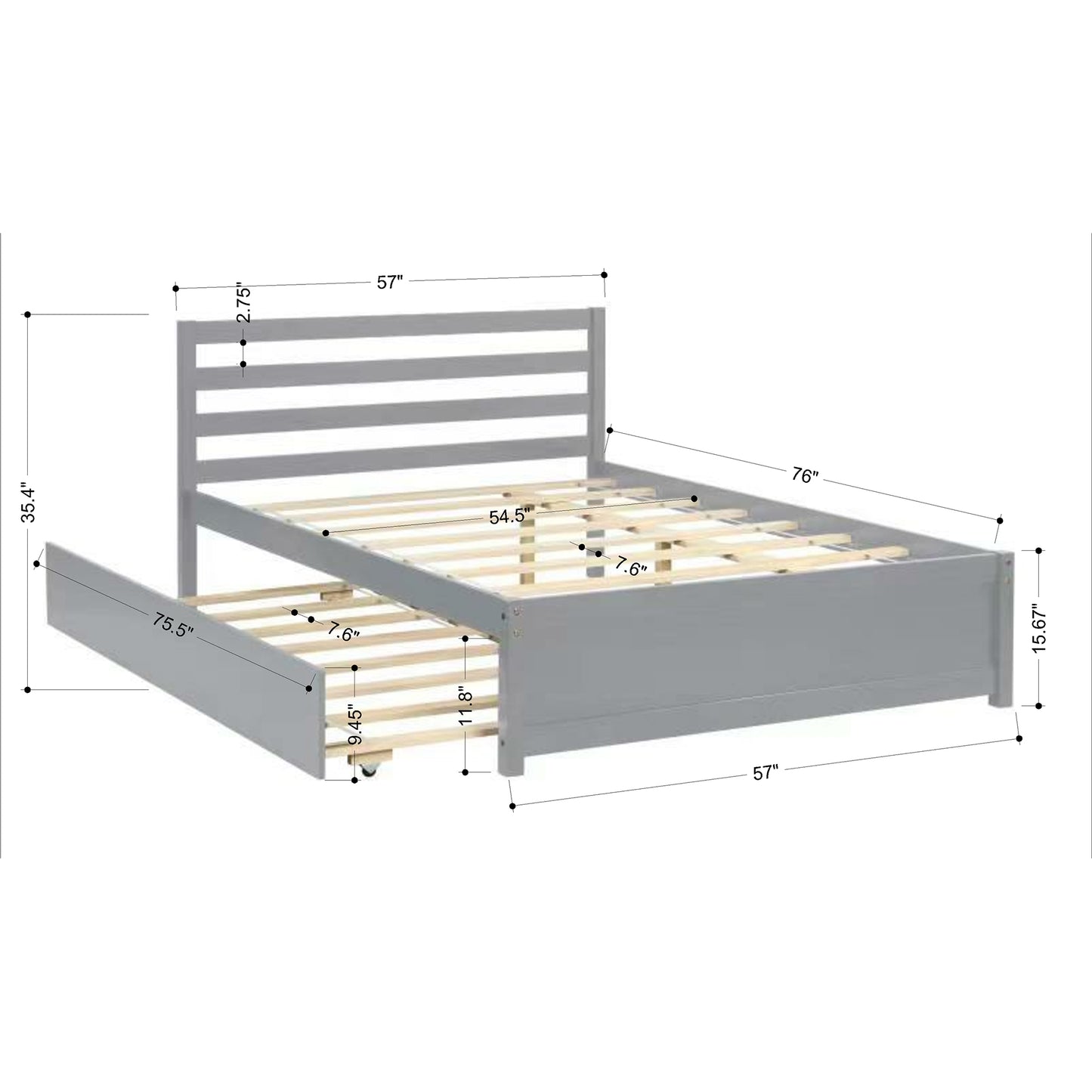 BTMWAY Full Bed with Trundle, New Upgraded Solid Wood Bed Frame, Modern Full Size Platform Bed with Headboard and Trundle Included