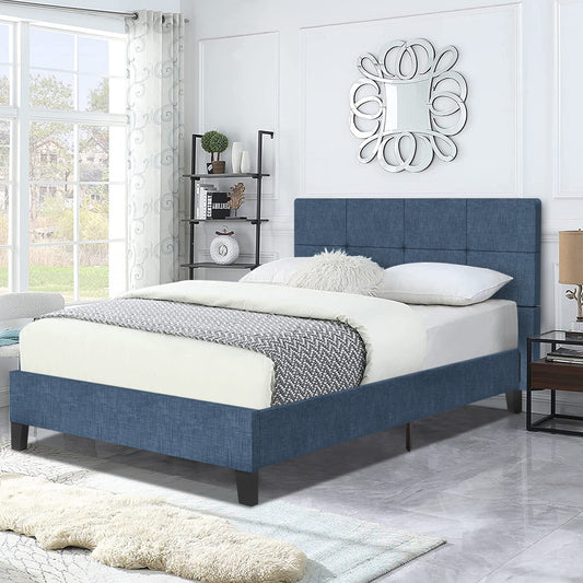 Full Platform Bed Frame, Full Size Bed Frame with Tufted Headboard, No Box Spring Needed, Modern Upholstered Full Platform Bed, Bedroom Furniture Full Bed Frame for Kids Adults, Dark Blue, R056