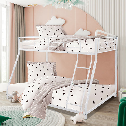 Twin over Full Bunk Bed, BTMWAY Metal Bunk Beds for Kids Adults, Heavy Duty Bunk Beds Twin over Full, Twin over Full Low Bunk Bed with Ladder, Kids Floor Bunk Bed for Bedroom, Dormitory, White, R2181