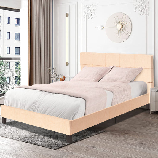 Queen Platform Bed Frame, Queen Size Bed Frame with Tufted Headboard, No Box Spring Needed, Modern Upholstered Queen Platform Bed, Bedroom Furniture Queen Bed Frame for Kids Adults, Beige, R053