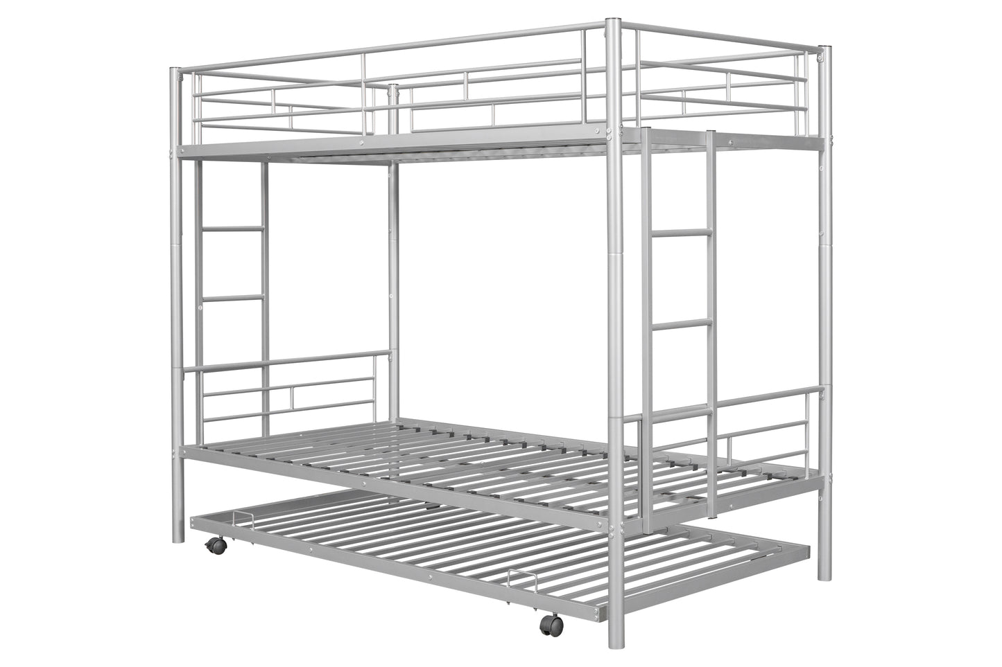 BTMWAY Twin Over Twin Bunk Bed with Trundle, Metal Bunk Beds Frame with 2 Side Ladders, Convertible Bunk Bed with Safety Guard Rails, No Box Spring Needed, Silver