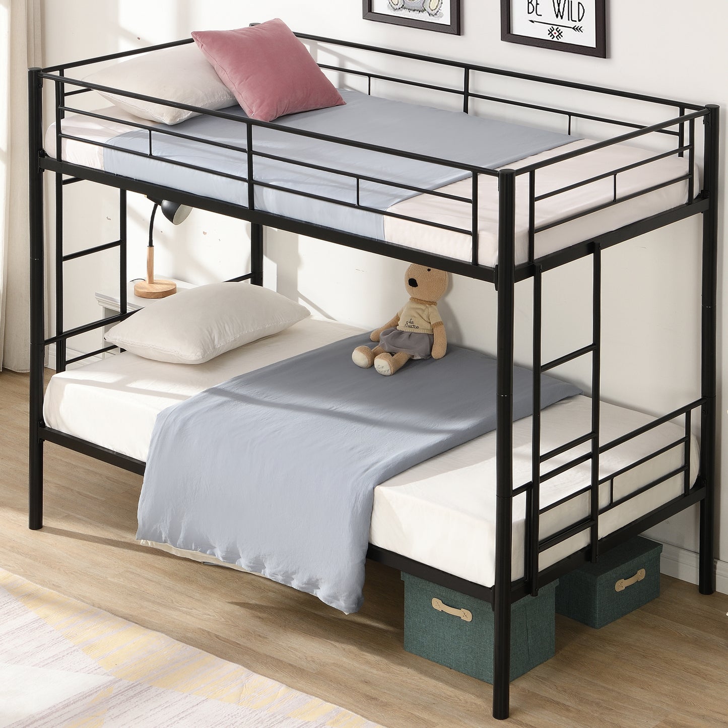BTMWAY Metal Bunk Bed Twin Over Twin, Convertible Twin Over Twin Bunk Bed with 2 ladders for Kids Bedroom, Heavy Duty Twin Bunk Bed Frame for Bedroom, No Box Spring Needed, Black