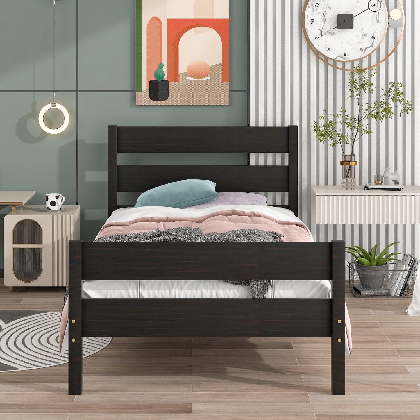 BTMWAY Twin Bed Frame with Headboard, Wood Platform Bed Frame, Modern Twin Size Bed Frame for Kids Teens, No Box Spring Needed, LJC