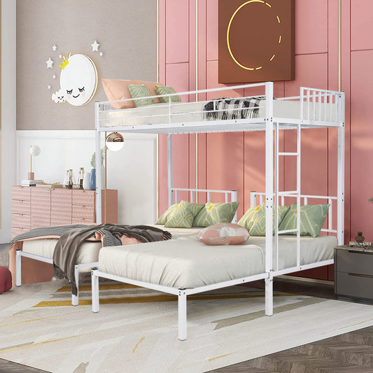 Triple Bunk Bed, BTMWAY Modern Twin Over Twin Over Twin Bunk Bed, Metal Twin Bunk Bed with Guardrails, Ladders, 3 Twin Bunk Beds for Kids Teens Adults, Separated into 3 Twin Beds Frame, White, R1203
