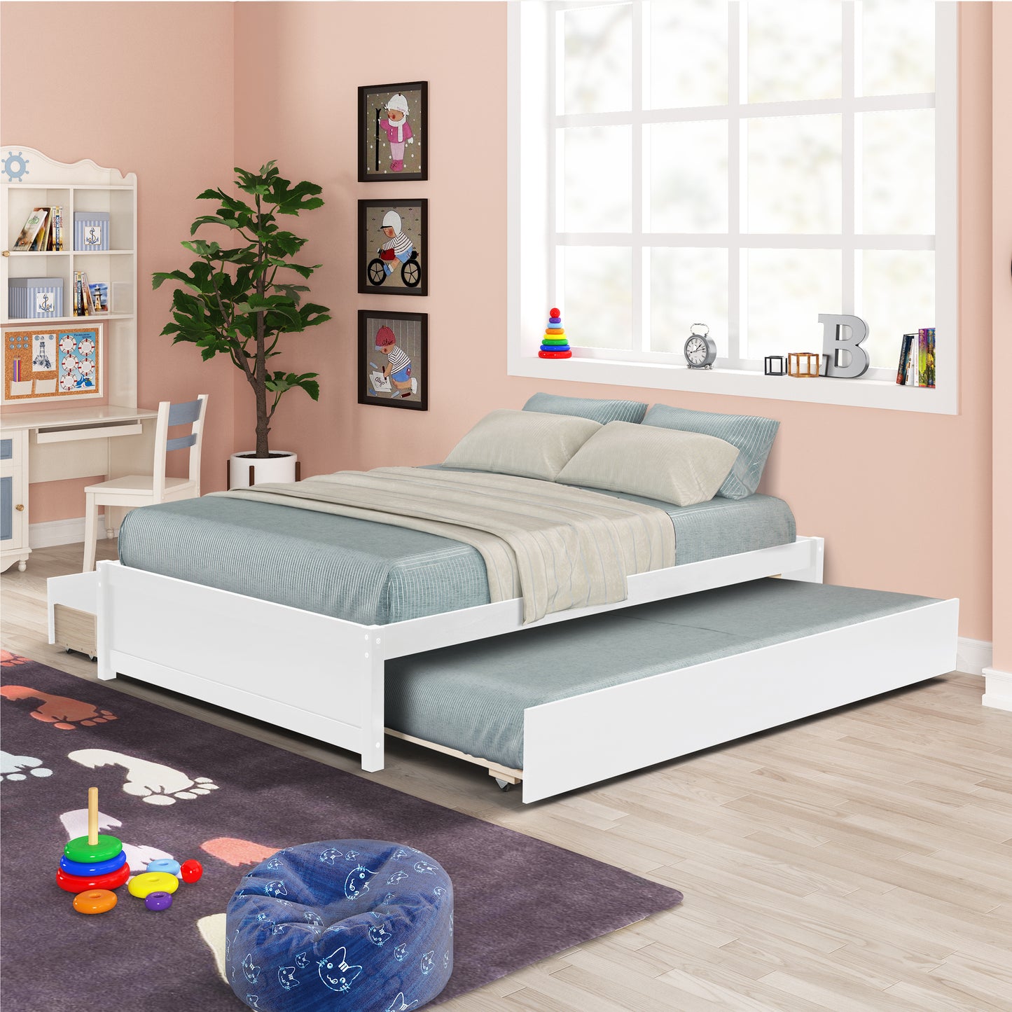 BTMWAY Full Bed Frame with Twin Trundle, Full Size Bed Frame No Box Spring Needed, Wood Full Platform Bed Frame with 2 Storage Drawers, Modern Bed Frame Full Size for Kids Teens Adults, White, R1575