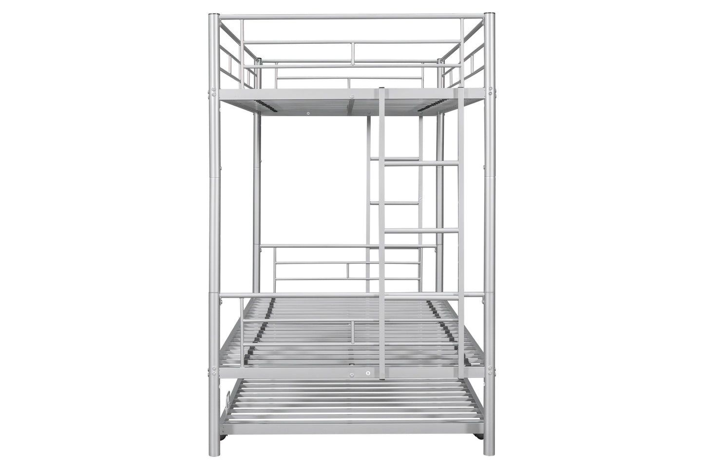 BTMWAY Twin Over Twin Bunk Bed with Trundle, Metal Bunk Beds Frame with 2 Side Ladders, Convertible Bunk Bed with Safety Guard Rails, No Box Spring Needed, Silver