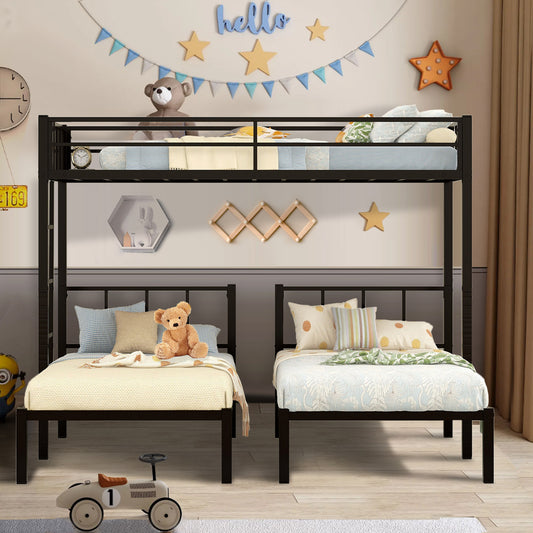 Metal Triple Bunk Beds, Twin Over Twin Over Bunk Bed for Kids Teens Adults, Can be Separated into 3 Twin Beds with Headboard, Black, R1211