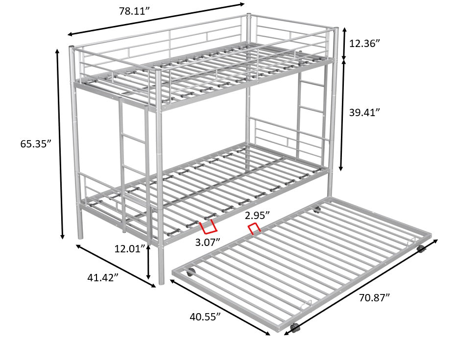 BTMWAY Twin Over Twin Bunk Bed with Trundle, Metal Bunk Beds Frame with 2 Side Ladders, Convertible Bunk Bed with Safety Guard Rails, No Box Spring Needed, Silver