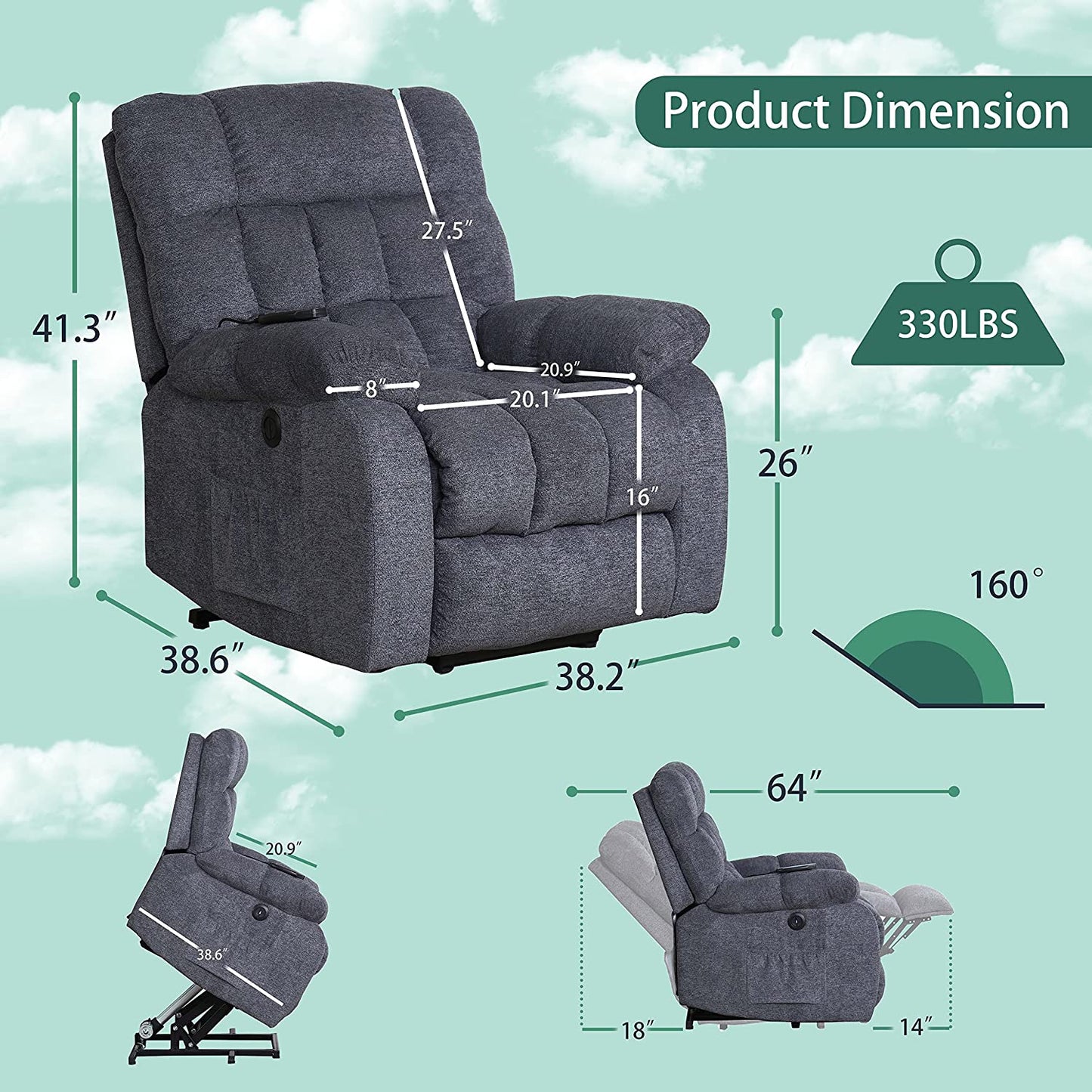 BTMWAY Power Lift Recliner, Electric Lift Chair with Heat Therapy and Massage Function, Power Reclining Sofa with Remote Control