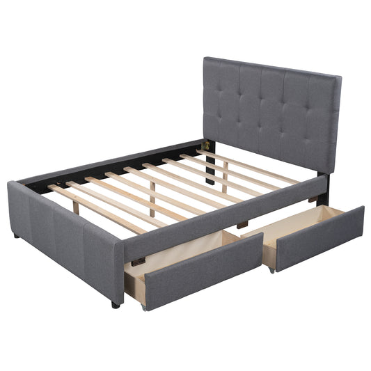 BTMWAY Full Upholstered Platform Bed with Storage, Gray Linen Upholstered Storage Bed with Headboard and 2 Drawers