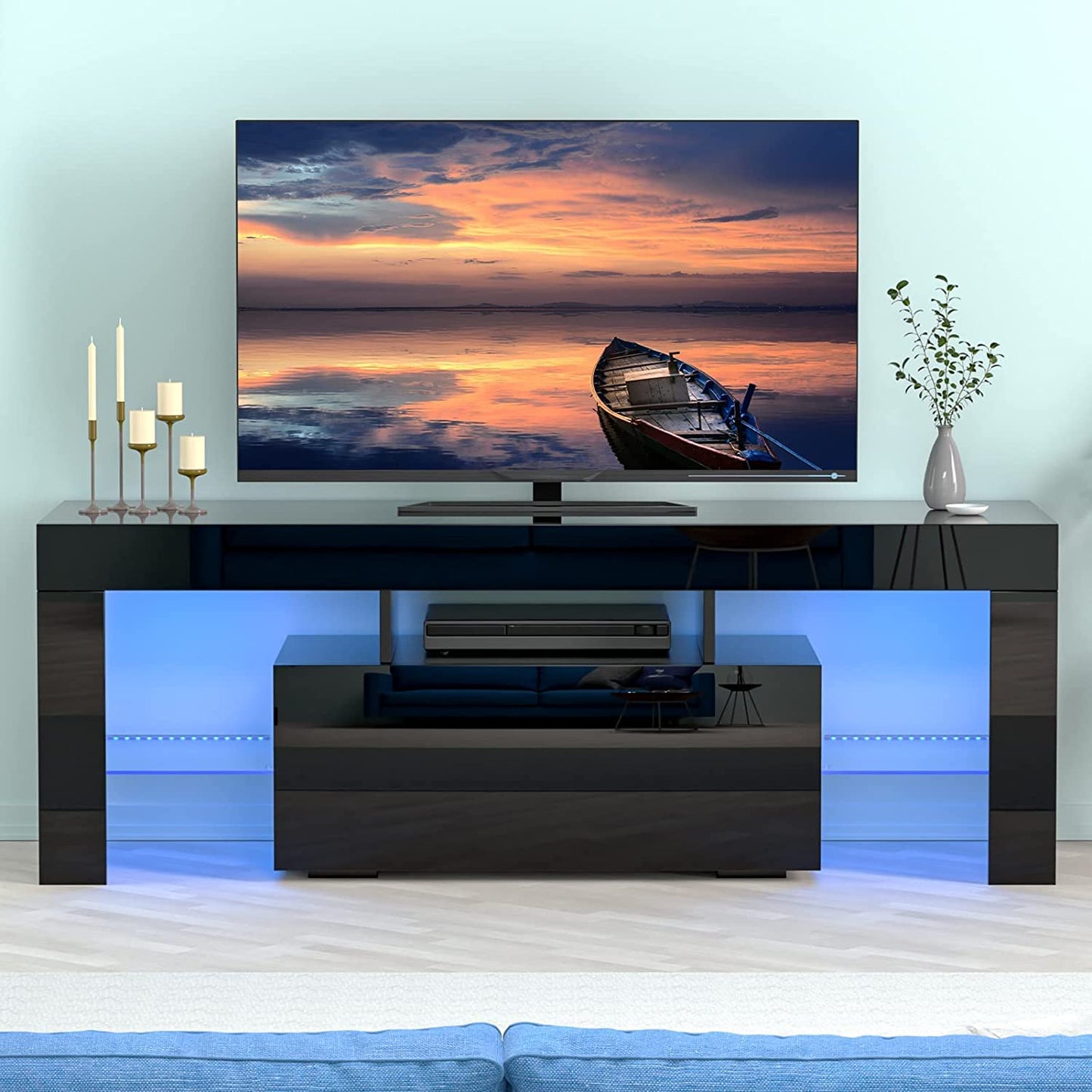 Black TV Stand for 70 Inch TV, Modern High Glossy TV Cabinet with Remote Control 16 Colors LED Lights