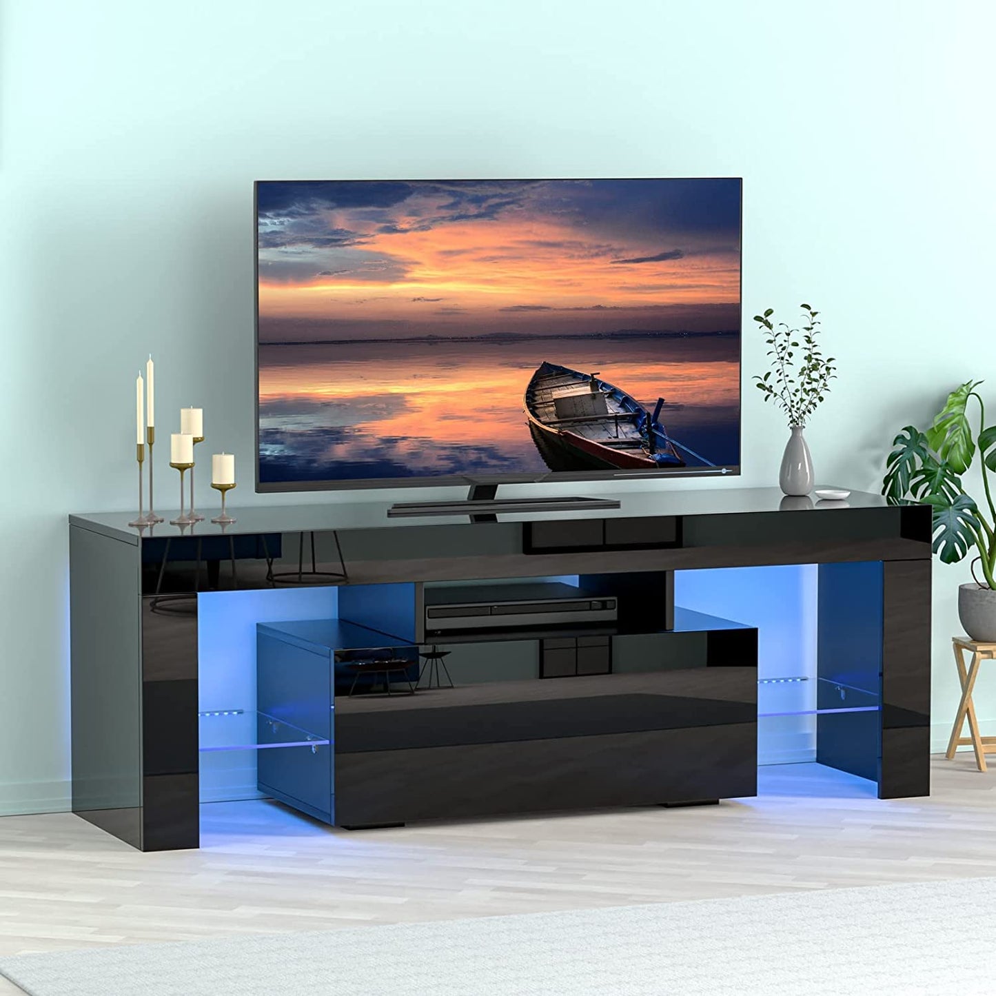 Black TV Stand for 70 Inch TV, Modern High Glossy TV Cabinet with Remote Control 16 Colors LED Lights