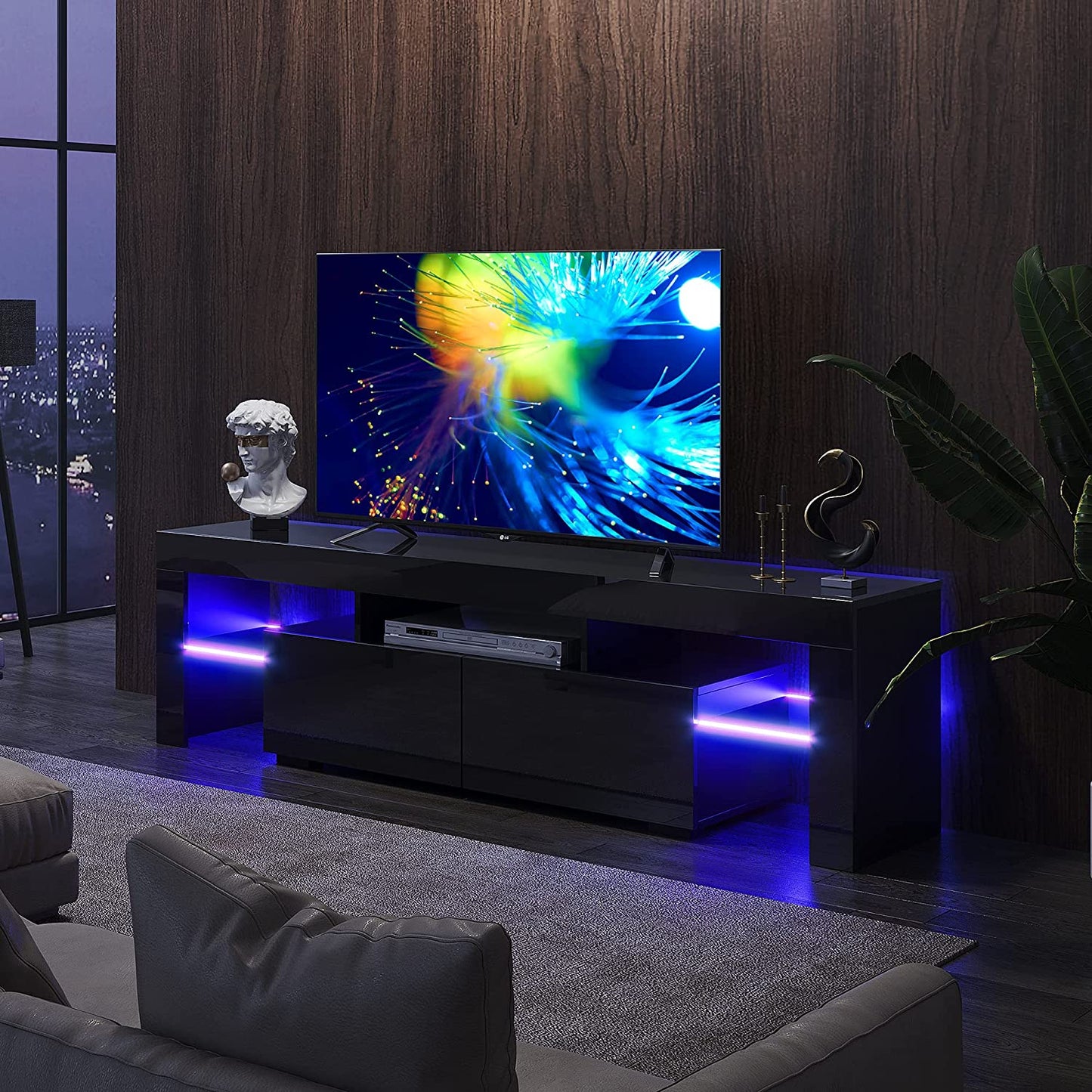 Black TV Stand for 70 Inch TV, Modern High Glossy TV Cabinet with Remote Control 16 Colors LED Lights