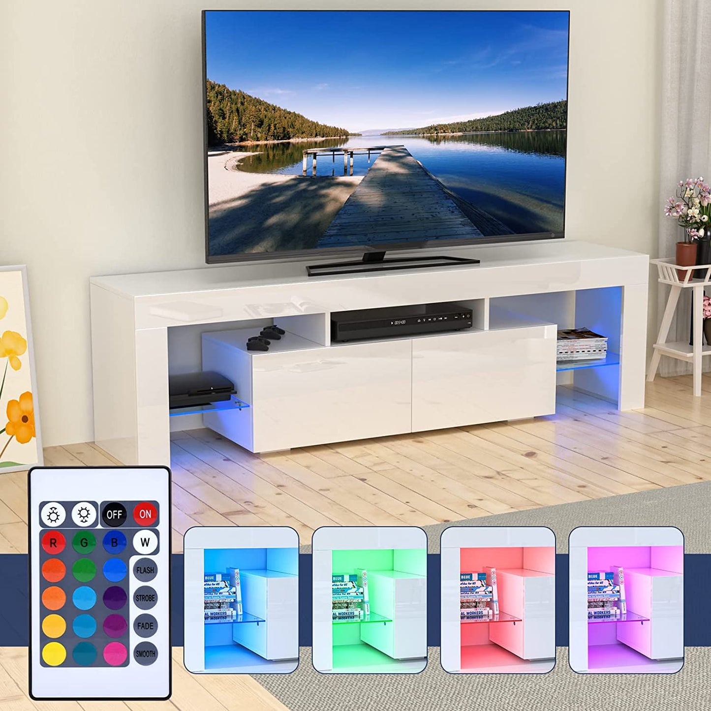 Black TV Stand for 70 Inch TV, Modern High Glossy TV Cabinet with Remote Control 16 Colors LED Lights