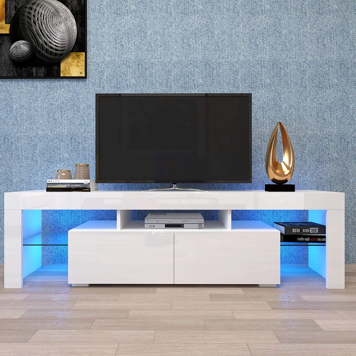 Black TV Stand for 70 Inch TV, Modern High Glossy TV Cabinet with Remote Control 16 Colors LED Lights