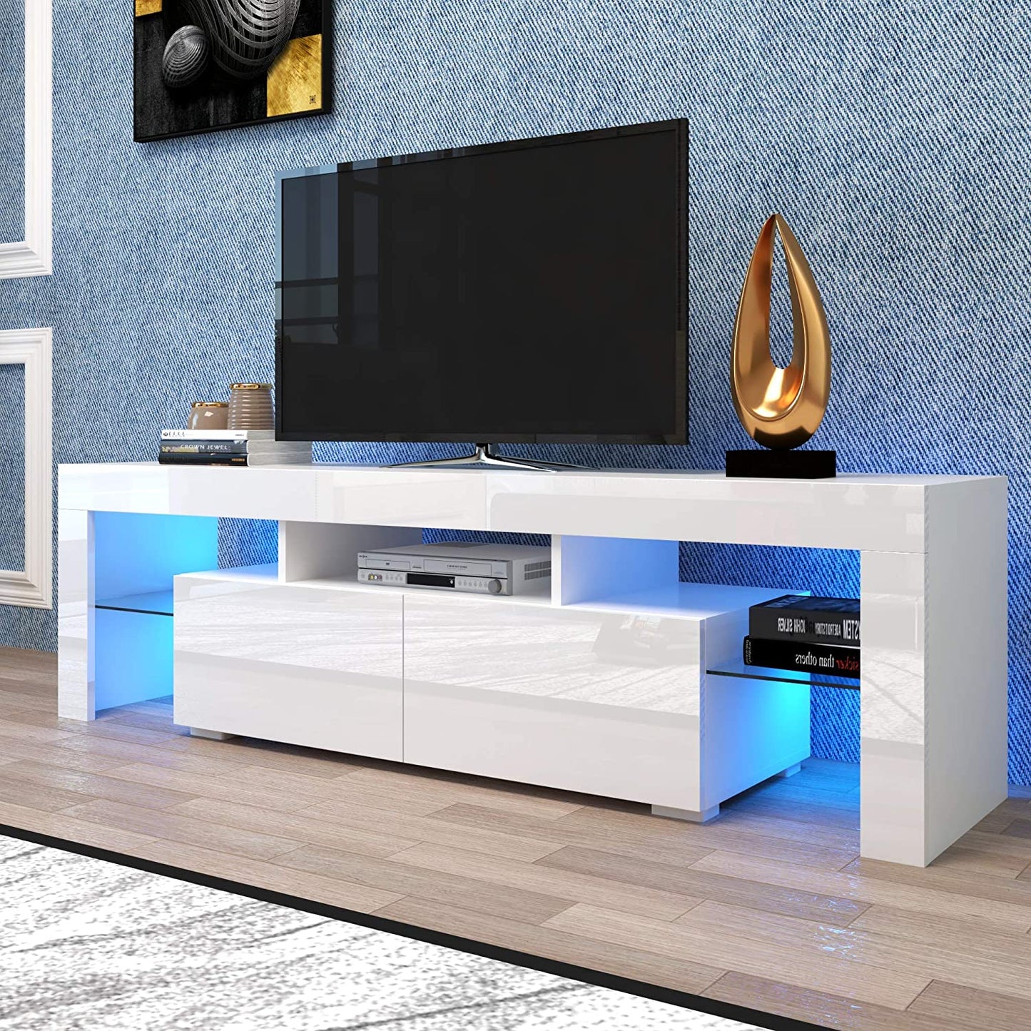 Black TV Stand for 70 Inch TV, Modern High Glossy TV Cabinet with Remote Control 16 Colors LED Lights