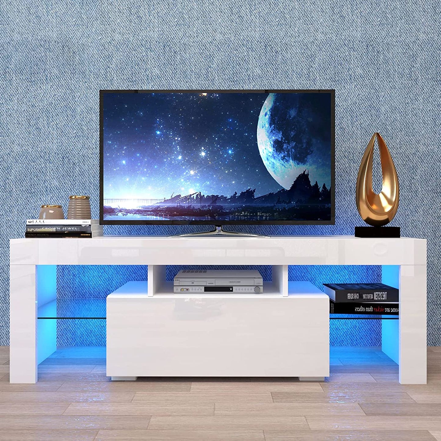 Black TV Stand for 70 Inch TV, Modern High Glossy TV Cabinet with Remote Control 16 Colors LED Lights