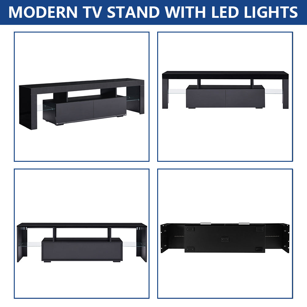 Black TV Stand for 70 Inch TV, Modern High Glossy TV Cabinet with Remote Control 16 Colors LED Lights