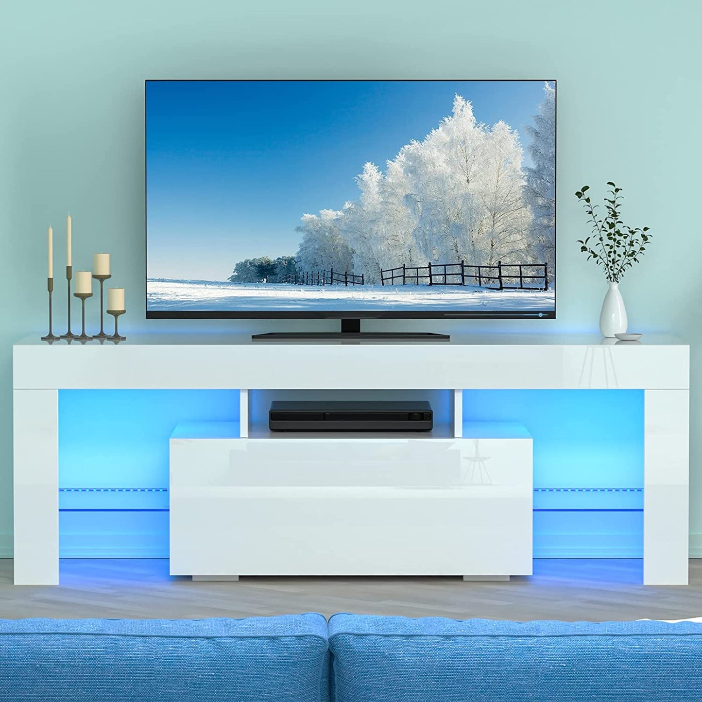 Black TV Stand for 70 Inch TV, Modern High Glossy TV Cabinet with Remote Control 16 Colors LED Lights