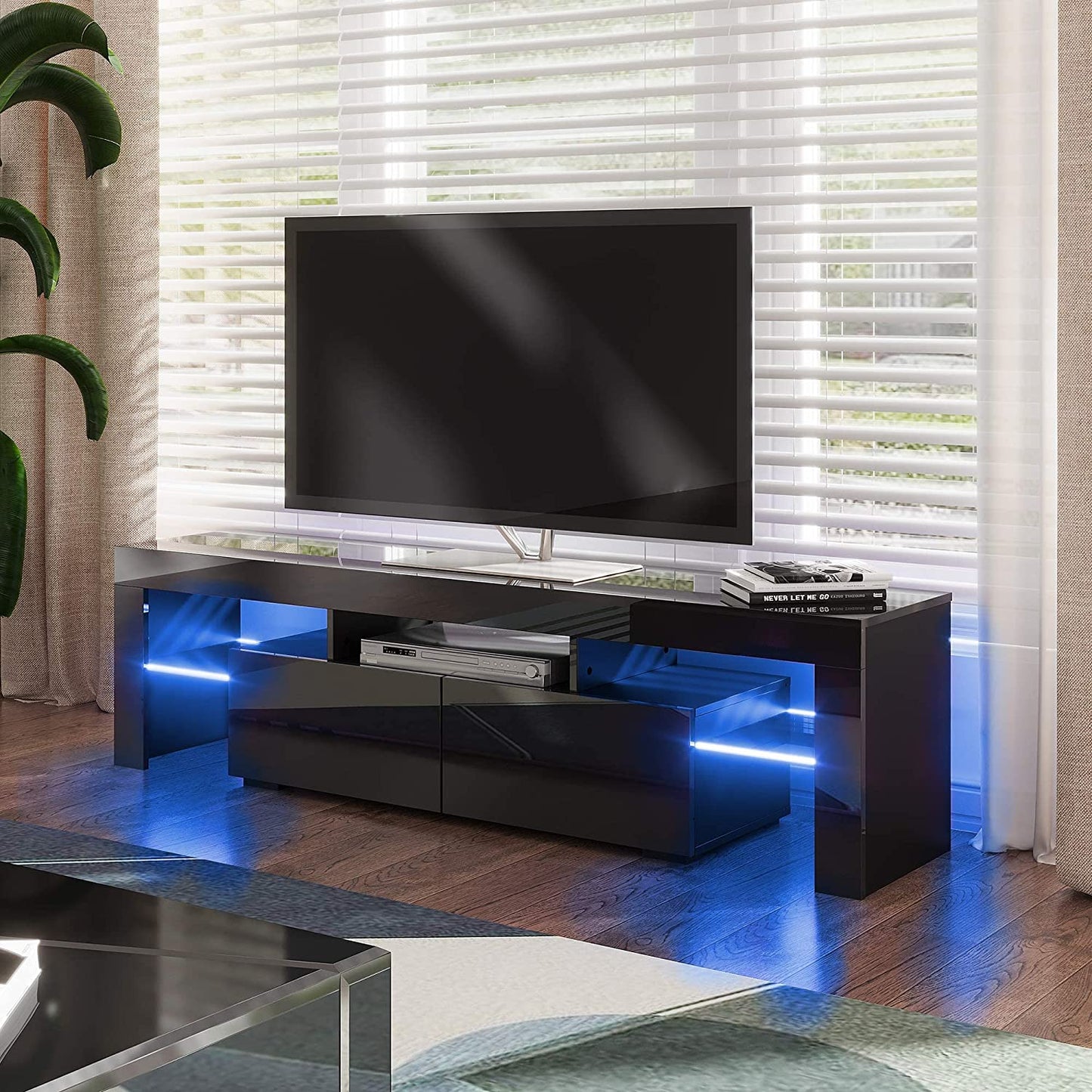 Black TV Stand for 70 Inch TV, Modern High Glossy TV Cabinet with Remote Control 16 Colors LED Lights