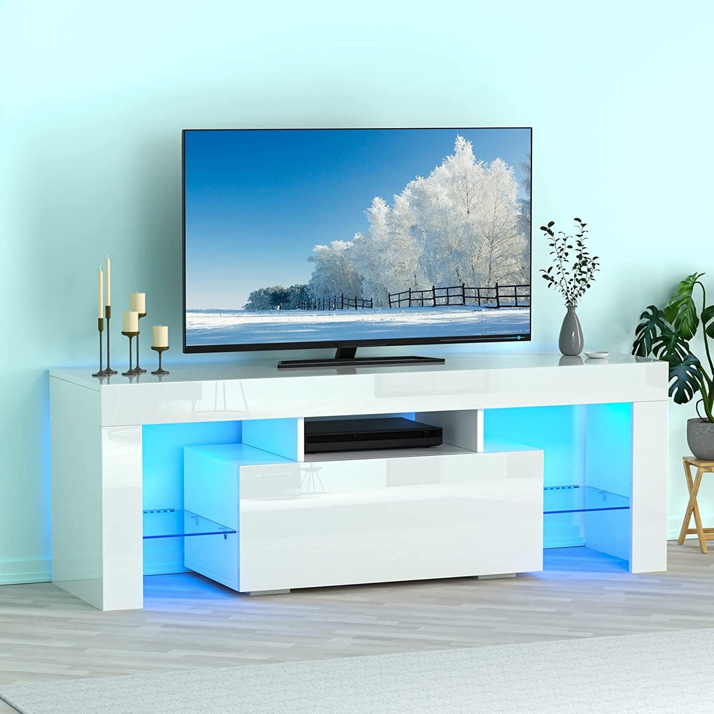 Black TV Stand for 70 Inch TV, Modern High Glossy TV Cabinet with Remote Control 16 Colors LED Lights