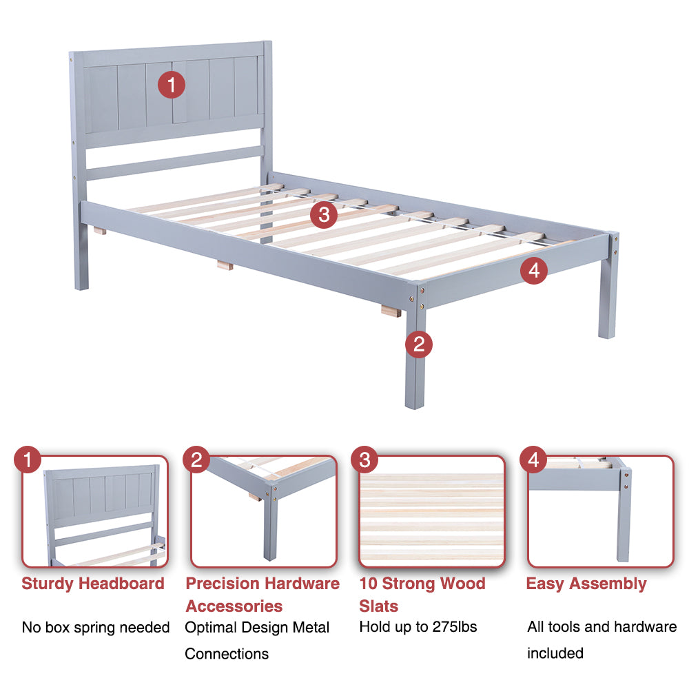 BTMWAY Twin Bed Frame with Headboard, Modern Wood Platform Bed for Kids Teens Adults