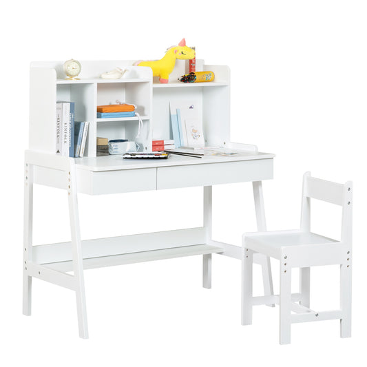 BTMWAY Kids Desk and Chair Set, Wood Study Desk for Kids with Chair, Children School Learning Table with Storage Drawers, Shelves, Student Writing Computer Workstation for Bedroom Study Room, White